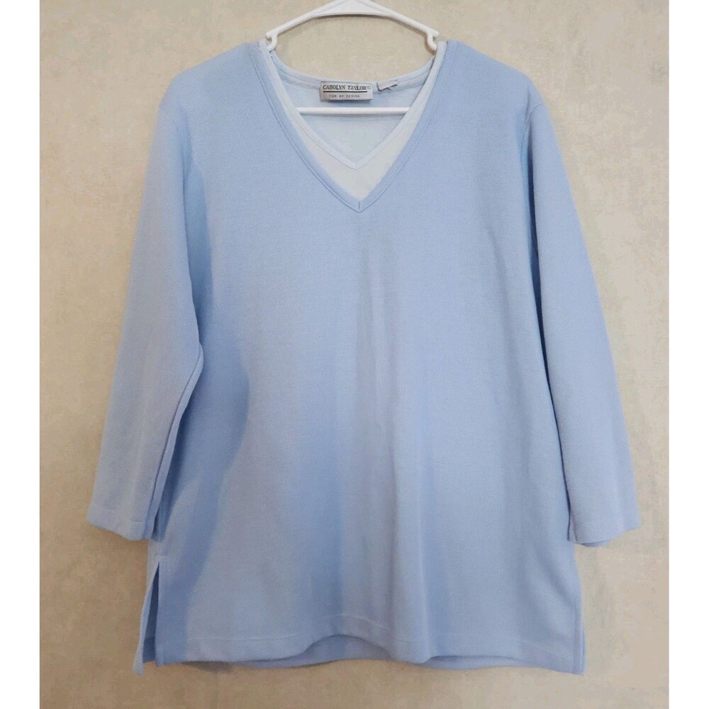 Carolyn Taylor For By Design Blue Waffle Knit Tunic Top Womens XL V Neck